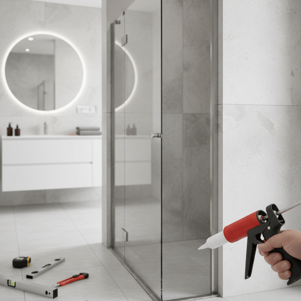 Handwerker trägt Silikon entlang einer Duschabtrennung auf, im Hintergrund ist eine geflieste Dusche zu sehen