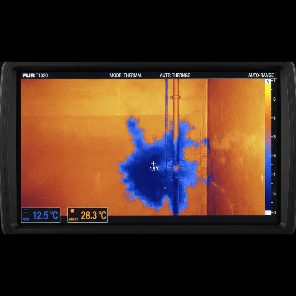 Techniker führt eine kleine Rohrkamera in eine Leitung ein, auf einem Tablet ist das Livebild aus dem Rohr zu sehen
