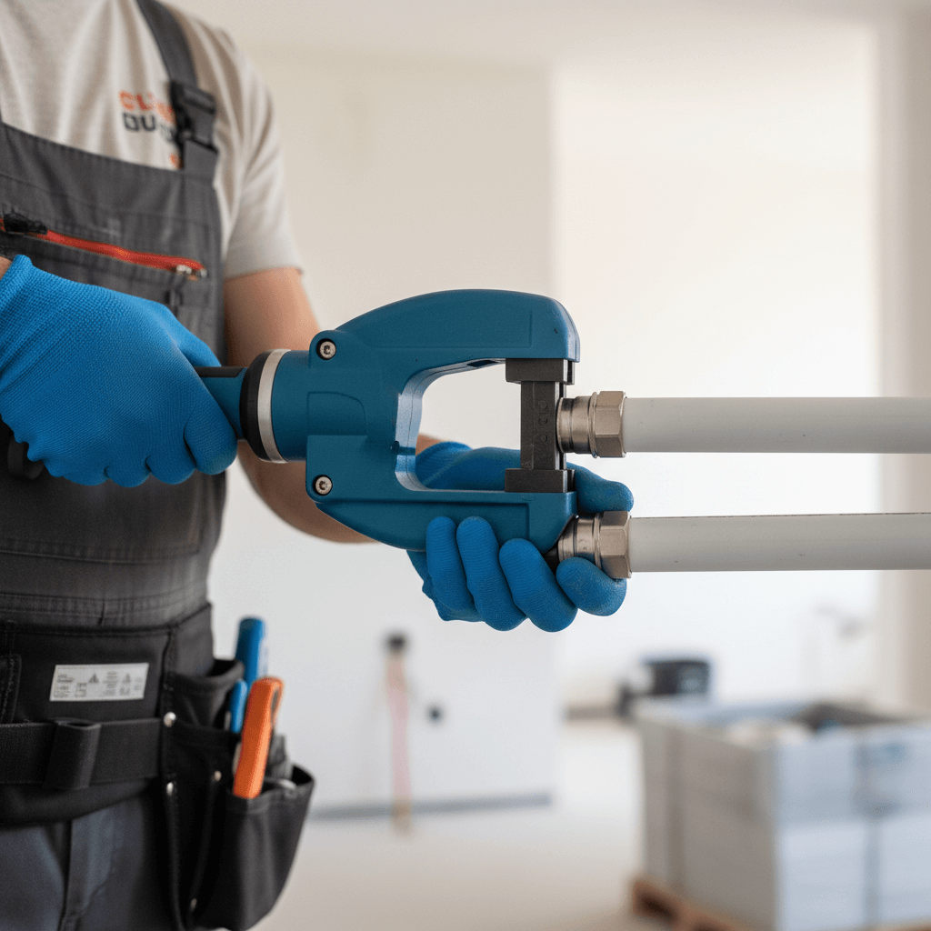 Pressmaschine wird an einem Mehrschichtverbundrohr angesetzt, der Handwerker hält das Werkzeug mit beiden Händen