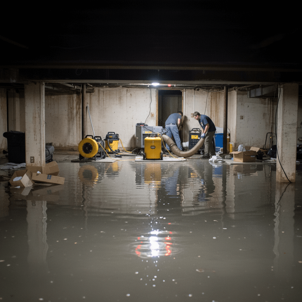 Nasser Boden im Hauswirtschaftsraum, ein Fachmann saugt Wasser mit einem Nasssauger ab und stellt einen Luftentfeuchter auf