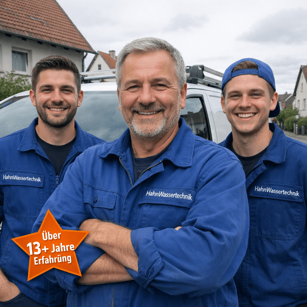 Drei Handwerker in Arbeitskleidung stehen vor einem weißen Service-Transporter, einer hält einen Werkzeugkoffer in der Hand