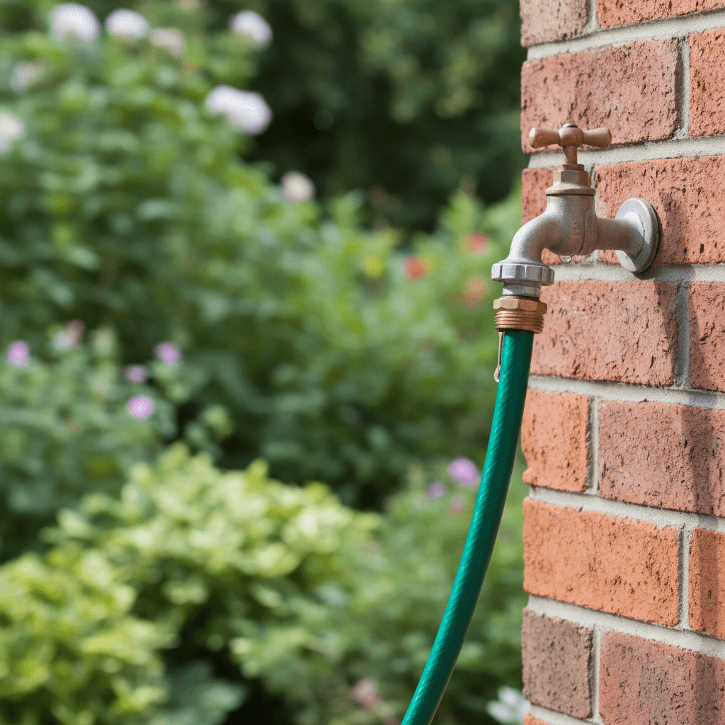 Handwerker montiert einen frostsicheren Außenhahn an einer Hauswand, ein Gartenschlauch liegt daneben