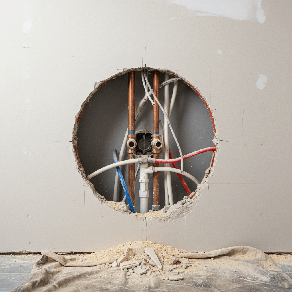 Installateur hält eine neue Brausearmatur vor die Wandanschlüsse in einer Dusche und kontrolliert die Maßabstände